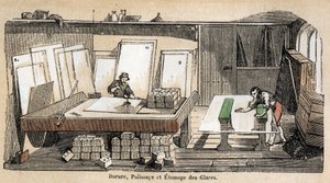 Beschreibung der verschiedenen Herstellungsstufen und Verwendungen von Glas: Eine Werkstatt für Vergoldung, Polieren und Prägen von Glas. (Glass and its products)