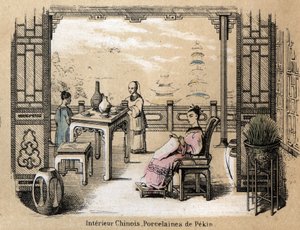 Beschreibung der verschiedenen Herstellungsschritte und Verwendungen von Ton: ein chinesisches Interieur mit Pekinger Porzellan. Tafel „Der Ton und seine Produkte“ in „Les Recreations instructives“. Synoptisches Gemälde von Jules Delbruck, Gravur von 1860.