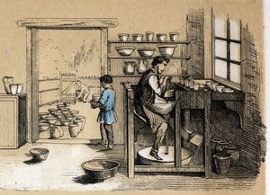 Beschreibung der verschiedenen Herstellungsstufen und Verwendungen von Ton: ein Töpfer bei der Arbeit. Tafel „Der Ton und seine Produkte“ in „les Recreations instructives“ Synoptisches Gemälde von Jules Delbruck, Gravur von 1860. Private Sammlung von French School