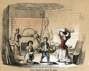 Beschreibung der verschiedenen Herstellungsstufen und Verwendungen von Ton: Backen von Ton in einem Brotbackofen. Tafel „Der Ton und seine Produkte“ in „Les Recreations instructives“, Synoptisches Gemälde von Jules Delbruck, Gravur von 1860. Private Sammlu von French School