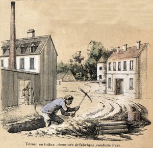Beschreibung der verschiedenen Herstellungsstufen und Verwendungen von Ton: Baustelle im Bau, Ziegeldächer, Wasserrohre und Fabrikschornstein. Tafel „Der Ton und seine Produkte“ in „Die lehrreichen Erholungen“ Synoptisches Gemälde von Jules Delbruck von French School