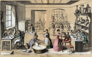 Beschreibung der verschiedenen Herstellungsstufen und Verwendungen von Ton: Ansicht einer Werkstatt mit Aktivitäten wie Reparatur, Bräunen, Vergolden, Malen, Drehen, Formen und Emaillieren. Tafel „Der Ton und seine Produkte“ in „Die lehrreichen Erholungen“