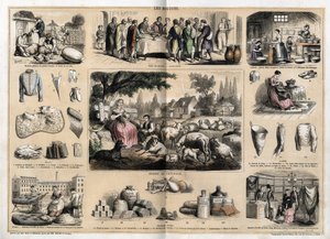 Beschreibung der verschiedenen Verwendungen und Produkte aus Schaf: Schafschur, Osterlamm als traditionelles Gericht zu Ostern, junge Milchmädchen, die Butter und Käse herstellen; Wandteppiche und Wollprodukte, Tassen, Hausschuhe, Wollstrümpfe, verkauft in von French School
