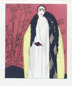 Entwurf für ein Abendkleid mit Pelzbesetztem Umhang, veröffentlicht 1924