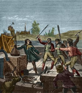 Zerstörung von Papins Dampfschiff - Denis Papin (1647-1712) beobachtet, wie sein Raddampfer 1707 von den Bootsmännern von Münden zerstört wird - Les Bateliers de Munden zerstören das Dampfschiff von Denis Papin (1647-1712) - Gravur in „Wissenschaften für a von French School