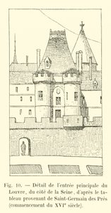Detail des Haupteingangs des Louvre, von der Seite der Seine, nach dem Gemälde aus Saint-Germain des Prés, Anfang des 16. Jahrhunderts von French School