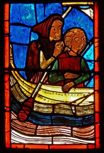 Detail eines Fensters, das Szenen aus dem Leben der Hl. Maria von Ägypten darstellt