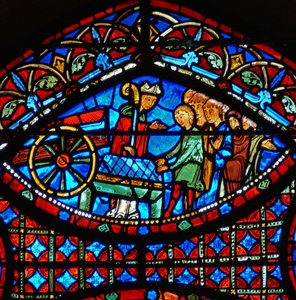 Detail eines Fensters, das Szenen aus dem Leben des hl. Stephanus darstellt: Bischof und Sarg (Detail) von French School