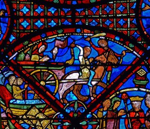 Detail eines Fensters, das Szenen aus dem Leben des hl. Stephanus darstellt: Pferd und Wagen (Detail)