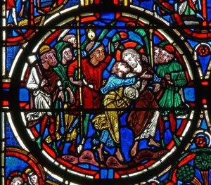 Detail eines Fensters, das die Passion darstellt: Judas