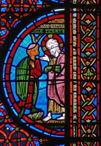Detail eines Fensters, das das Gleichnis von Lazarus und Dives darstellt: der reiche Mann mit Christus (Detail)