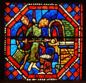Detail aus dem Hl. Johannes Fenster: Bäcker bei der Arbeit