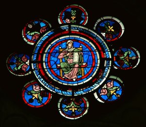 Detail des Nordrosenfensters mit Rhetorik aus den Freien Künsten