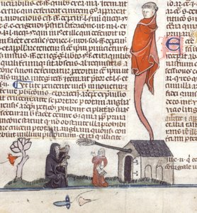 Detail einer Bas-de-Page-Szene eines Einsiedlers, der vor einer Taverne Bier trinkt