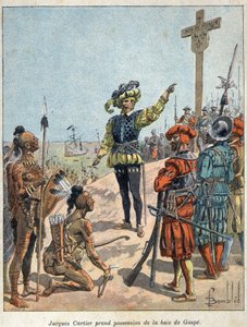 Entdeckung Kanadas: Jacques Cartier (1491-1557), französischer Seefahrer und Entdecker, nahm Besitz von der Bucht von Gaspé und errichtete das Kreuz am 24. Juli von French School