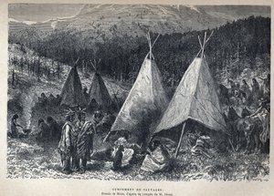 Entdeckung Kanadas: Indianerlager mit Tipis. Zeichnung von Riou nach einer Skizze von Dixon. Gravur aus dem späten 19. Jahrhundert in „La nouvelle France“ von Eugène Guénin von French School