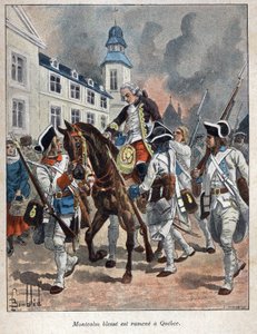 Entdeckung Kanadas: Louis Joseph de Montcalm (1712-1759), französischer General, verletzt während der Belagerung der Stadt Québec durch die Engländer und zurückgebracht nach Québec 1759. Gravur aus dem späten 19. Jahrhundert in La Nouvelle France von Eugen