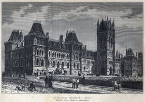 Entdeckung Kanadas: Das Parlamentsgebäude in Ottawa. Zeichnung von Deroy nach einer Fotografie. Gravur aus dem späten 19. Jahrhundert in La Nouvelle France von Eugene Guenin