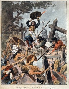 Entdeckung Kanadas: Verteidigung von Adam Dollard des Ormeaux (1635-1660) und seinen Gefährten gegen die Indianer von Irokesen-Amerika zum Schutz ihres Lagers im Jahr 1657. Gravur aus dem späten 19. Jahrhundert in "La nouvelle France" von Eugene Guenin.