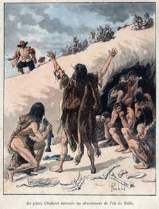 Entdeckung Kanadas: Der Pilot Alexis Chedotel findet die von Troilus du Mesgouez, bekannt als Marquis de la Roche, auf der Sandinsel im Jahr 1578 verlassene Besatzung. Gravur aus dem späten 19. Jahrhundert in "La nouvelle France" von Eugene Guenin. von French School