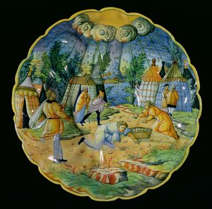 Schale, die das Sammeln von Manna darstellt, hergestellt in Nevers oder Lyon