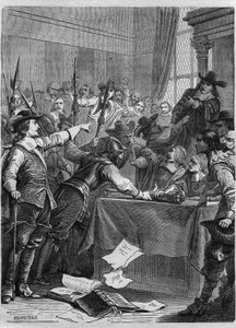 Auflösung des Parlaments durch Oliver Cromwell (1599-1658), britischer Militär und Politiker, der England regierte. Gravur in „History of the Popes (...) Crimes of the Queen King and Emperors through the centuries“ von Maurice Lachatre von French School