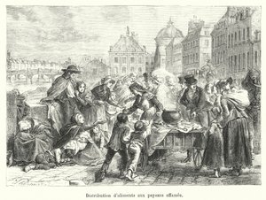Verteilung von Lebensmitteln an hungernde Bauern