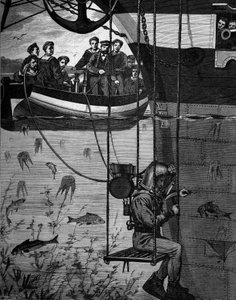 Taucherapparat: der Scaphandler bei der Arbeit. von French School