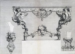 Doppelarmiger Kerzenhalter mit Rokoko- und klassischen Elementen, aus einem Musterbuch für neoklassizistische Metallarbeiten zusammengestellt von Duhamel, ca. 1770er-80er Jahre von French School