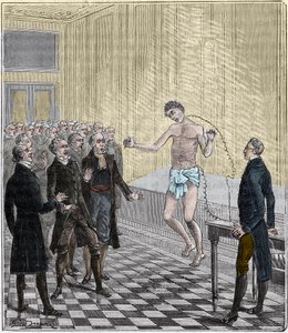 Dr. Andrew Ure führt voltaische Experimente am Körper des hingerichteten Mörders Clydesdale im Jahr 1818 durch - Experiment von Andrew Ure (1778-1857) an einer Leiche - Gravur in "Wissenschaften für alle zugänglich gemacht - Physik und Chemie" von Alexis C