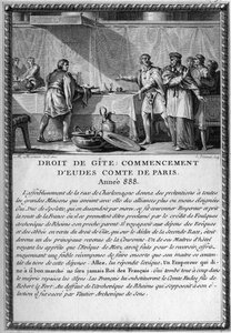 Droit de Gite, Beginn von Eudes, Graf von Paris, Jahr 888. König Guy (Gui) III., Herzog von Spoleto (gestorben 894), wurde vom Bischof von Metz unter dem Recht einer Hütte beherbergt (feudales Recht, das einem Herrn das Recht gibt, von seinem Volk beherber