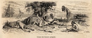 Trunkenheit der Raucher, Zeichnung des Autors, zur Illustration von 3 Jahren Gefangenschaft unter den Patagonen. von French School