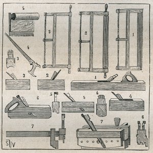 Schreinerei: übliche Werkzeuge, Sägen und Hobeln. Gravur von 1885 in „Les arts et métiers illustrés“ von Adolphe Bitard. von French School