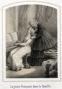 Erziehung für junge Mädchen aus guten Familien: Eine junge Französin, die auf dem Klavier sitzt, wird von ihrer Haushälterin übernommen. Anonyme Gravur des 19. Jahrhunderts