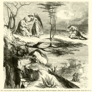 Elia in der Wüste, von einem Engel genährt, Elia, niedergeworfen, hört den Herrn, Elia nimmt Elisa mit von French School