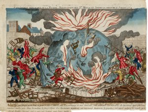 Bedauerlicher Brand der aerostatischen Maschine der Herren Miolan und Janinet am Sonntag, 11. Juli 1784. Veröffentlicht 1784 (handkolorierte Gravur)