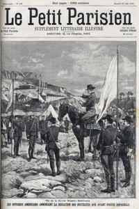 Ende des Spanisch-Amerikanischen Krieges 1898. Amerikanische Offiziere verkünden den Waffenstillstand an den spanischen Außenposten. Gravur in „Le petit Parisien“ von 1898 von French School