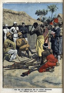 Ende des Aufstands an der Elfenbeinküste, die Abbees ergeben sich Kommandant Nogues - Illustration aus „Le Petit Journal“, illustriertes Supplement von French School