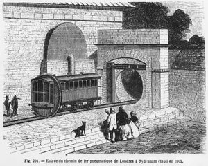Eingang der pneumatischen Eisenbahn von London nach Sydenham, eingerichtet 1865 - in „The Wonders of Science“, von L. Figuier.