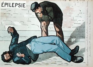Epileptischer Anfall durch akuten Alkoholismus, aus Dr. Galtier-Boissieres Wandbild über die Gefahren des Alkoholismus, Ende 19. Jh.