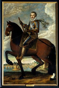 Reiterporträt von Heinrich IV. (1553-1610), König von Frankreich, vor der Pont Neuf in Paris. Anonymes Gemälde des 17. Jahrhunderts. Öl auf Leinwand. Pflichtangabe: Sully sur Loire, Schloss Sully