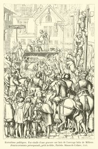 Öffentliche Hinrichtungen, Faksimile eines Holzschnitts aus dem lateinischen Werk von Millaeus, Praxis criminis persequendi, kleines Folio, Paris, Simon de Colines, 1541 von French School