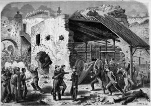 Expedition nach Mexiko (1861-1867) - Belagerung von Puebla - 1863: Angriff eines Häuserblocks durch die französische Armee. Einmal in die Stadt eingedrungen, mussten die französischen Soldaten Viertel für Viertel kämpfen. Gravur in „Le Monde Illustré“ von French School