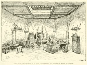 Retrospektive Ausstellung der Arbeit, Rekonstruktion eines Chemielabors aus dem 17. Jahrhundert von French School
