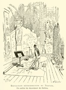 Retrospektive Ausstellung der Arbeit, eine Theaterdekorationswerkstatt (Gravur) von French School