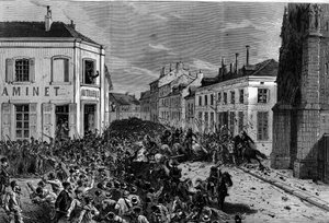 Vertreibung der Maristen von Tourcoing nach den Dekreten vom März 1880, erlassen von Jules Ferry, die Mitgliedern nicht autorisierter religiöser Kongregationen das Recht zu lehren entzogen: Die Polizei zerstreute die Reiter, die gegen die Vertreibung der M von French School