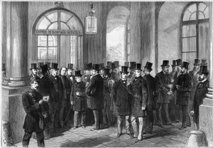 Verlängerung der Amtszeit des Marschalls von Mac-Mahon, Einführung des Siebenjahresplans in Frankreich, November 1873: Ansicht der Eingangstür der Assemblée de Versailles am Tag der Diskussion über die Verlängerung. Von links nach rechts