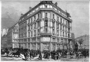Außenansicht der neuen Printemps-Geschäfte in Paris am Tag der Einweihung der „Wiener Aufzüge“ 1874. Gravur in „Le Monde Illustré“ Nr. 885 vom 28. März 1874 von French School