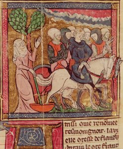 F.288r Ferdinand von Portugal (1186-1233) Graf von Flandern als Gefangener nach Paris gebracht nach der Schlacht von Bouvines, 27. Juli 1214, Grandes Chroniques de France, 1375-79