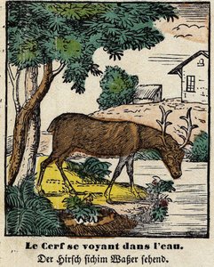 Fabeln von La Fontaine: Der Hirsch, der sich im Wasser sieht (Bild von Epinal, erste Hälfte des 19. Jahrhunderts)